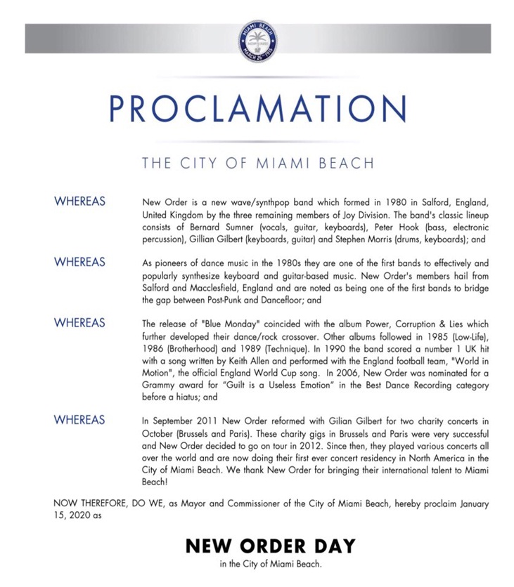 NEW ORDER DAY in the City of Miami Beach.