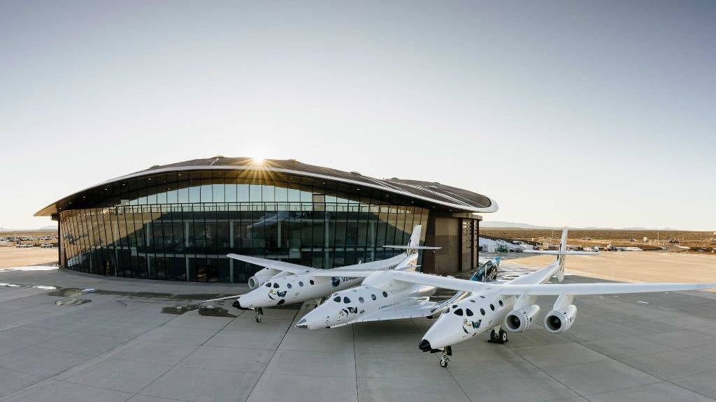 The Virgin Galactic Spaceflight System in front of Spaceport America
