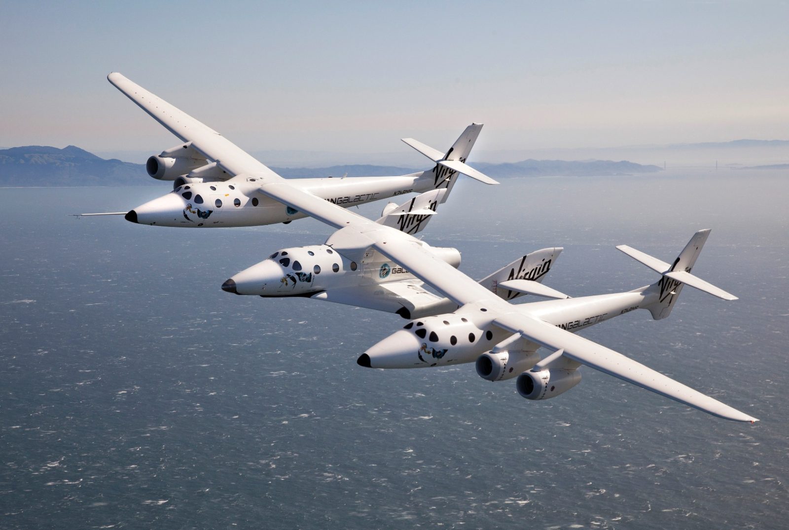 WhiteKnightTwo and SpaceShipTwo fly over the San Francisco Bay