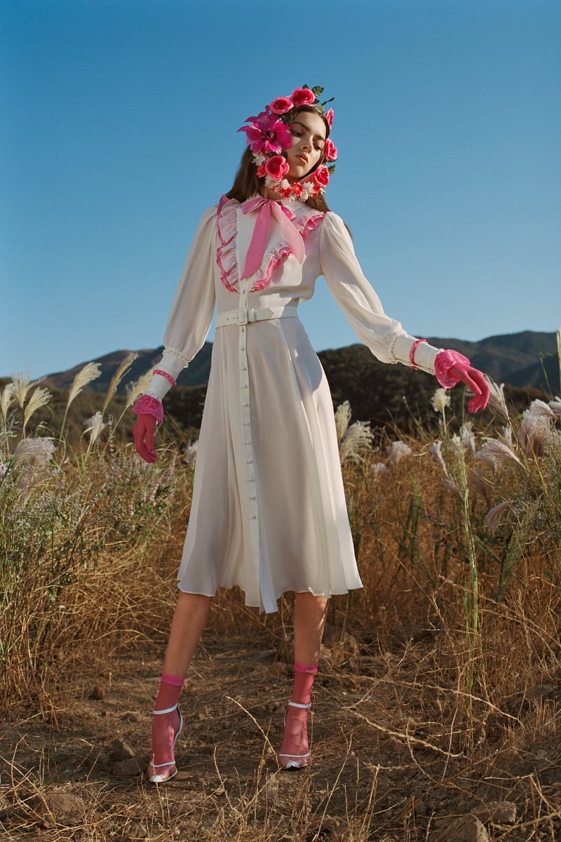OFF WHITE AND PINK SILK DRESS WITH RUFFLE COLLAR (WITH BELT) - LOOK 14