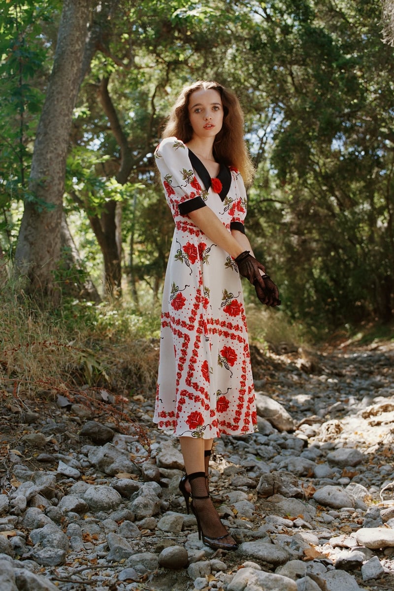 RED ROSE PRINTED SILK DRESS WITH COLLAR AND SILK ROSE DETAIL - LOOK 21