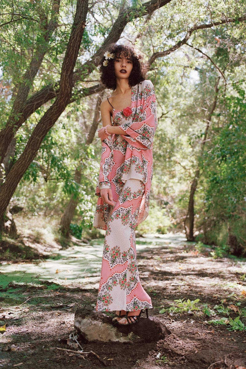 PINK FLORAL BOUQUET PRINTED SILK SLIP DRESS WITH SILK ROSE - LOOk 24