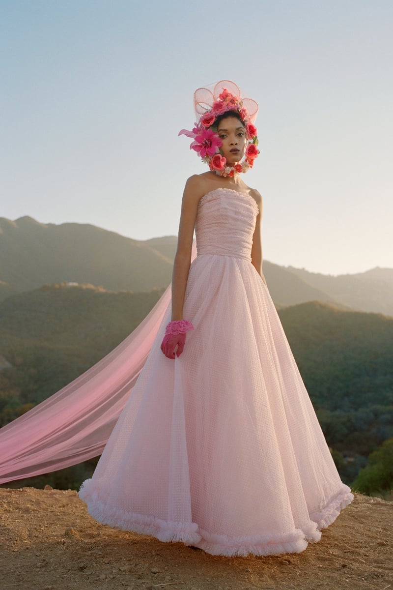 PINK FLOCKED DOTTED TULLE GOWN WITH RUCHED TRIM - LOOK 32