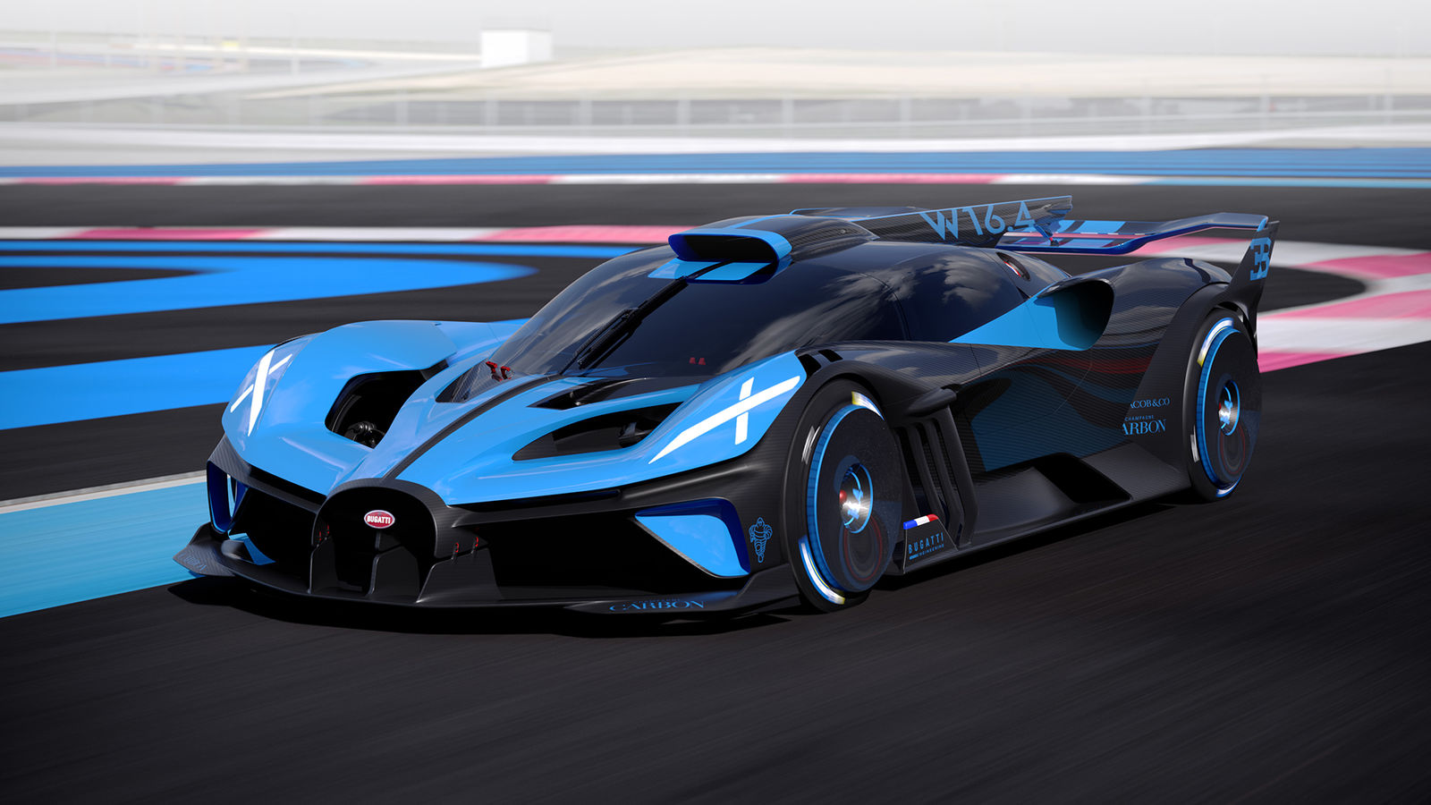 Bugatti Bolide driving shot on a virtual racetrack
