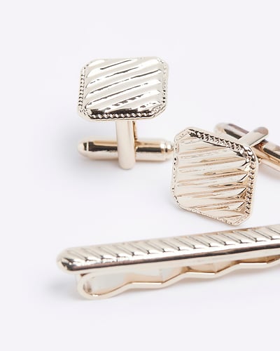 Gold Colour Textured Tie Clip Set