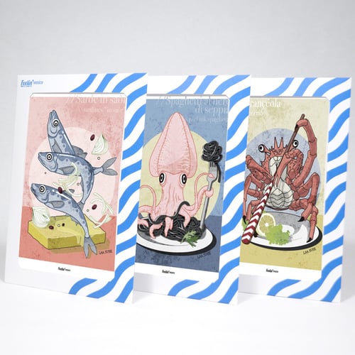 Three prints with seafood