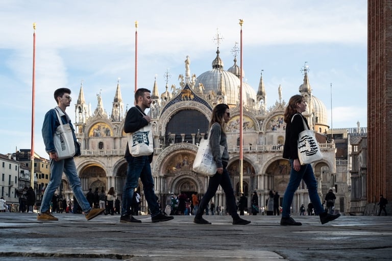 The whole team behind Feelin Venice marching in front of San Marco like the famous Beatles album cover Abbey Road