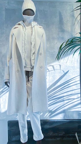Layered clothes in white as it works best in Europe