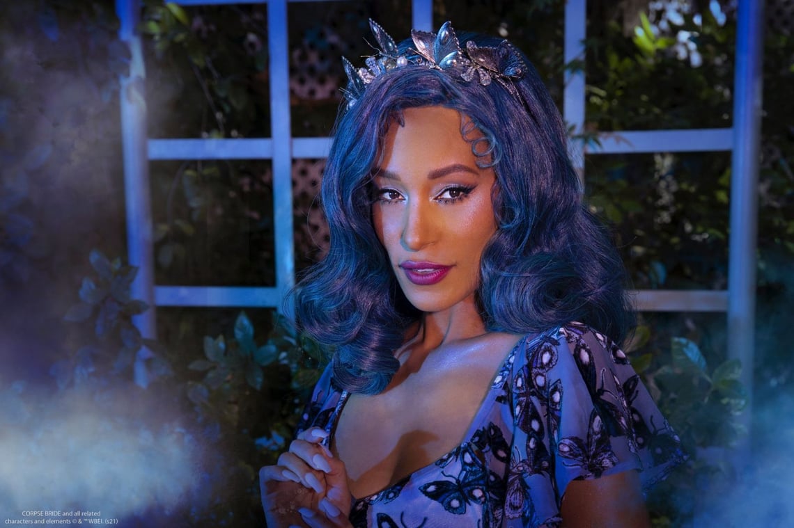 Inspired by Tim Burton’s CORPSE BRIDE™. This intricate headband has been custom-made and lovingly replicated from the one Emily wears in the film. It features pearls and Swarovski® crystals in light blue, with pavé crystals in the flowers, all wrapped around a double steel headband