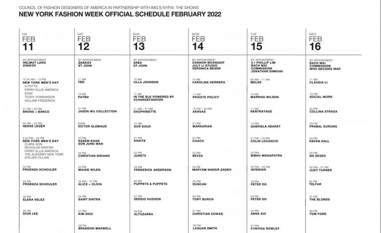 뉴욕 패션 위크 - NYFW 더 쇼 - 2022년 2월 일정