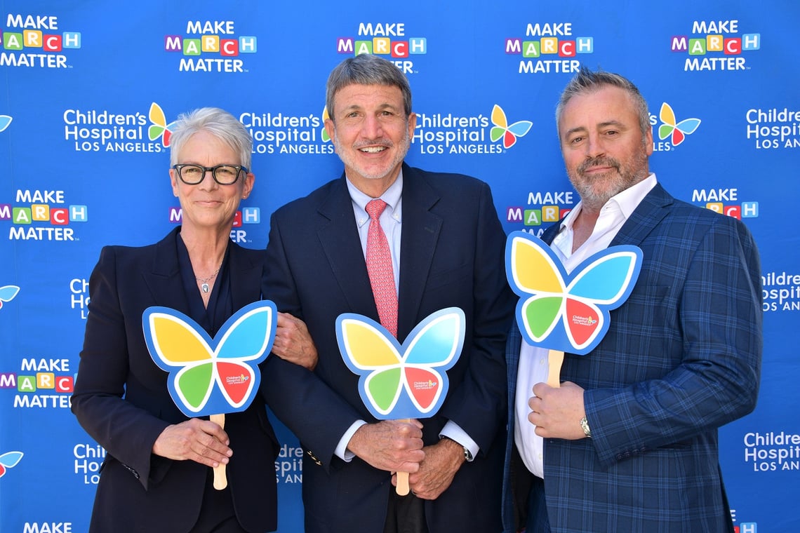 Jamie Lee Curtis, Paul S. Viviano and Matt LeBlanc attend the 7th Annual Children's Hospital Los Angeles Make March Matter Kick-Off at Saban Theatre on March 01, 2022 in Beverly Hills, California. (Photo by Araya Doheny/Getty Images for CHLA)