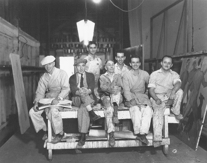 Warner Brothers scenic artists (ca. 1930). (L-to- R) Verne Strang, Bill McConnell, Frankie Cohen, Charley Wallace, Jack Brooks, James McCann, Emmett Alexander (Ed Strang Collection, from the book The Art of the Hollywood Backdrop, by Karen L. Maness and Richard Isackes.