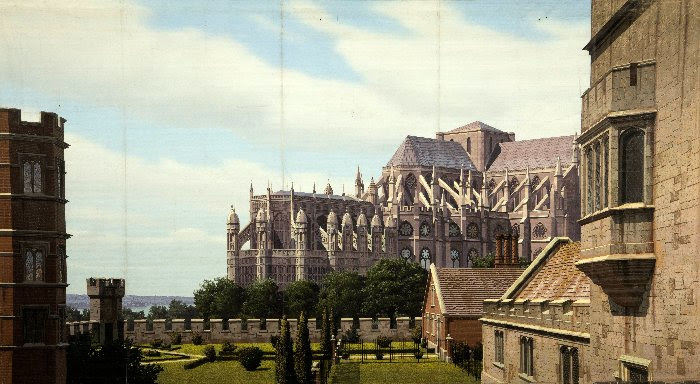 Young Bess (40’ x 22’), exterior high-angle view of Westminster Abbey in the 1550s, MGM Studios (1953).