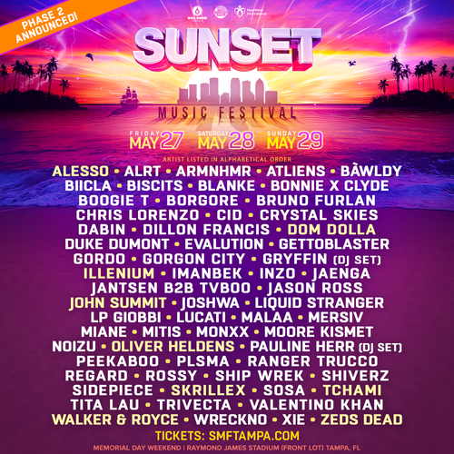 Alesso, Illenium, Oliver Heldens, John Summit, Dom Dolla, Zeds Dead Sunset Music Festival Phase 2 Lineup Announced