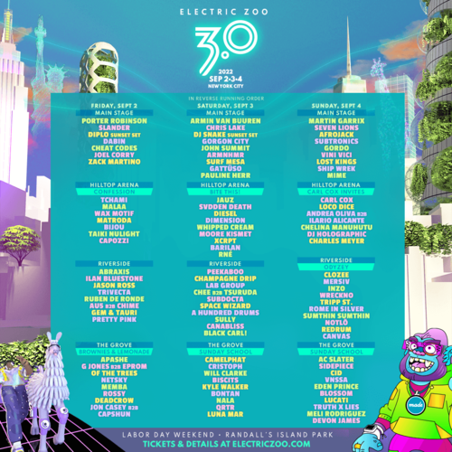 Das Electric Zoo 3.0 in New York City präsentiert die täglichen Bühnenprogramme, inklusive Takeovers mit Carl Cox, Brownies & Lemonade, Tchami's Confession, Jauz's Bite This und Clozee's ODYZY am Labor Day Wochenende.
