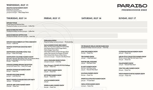 Paraiso Miami Beach - Schedule of Events for Swim Week 2022