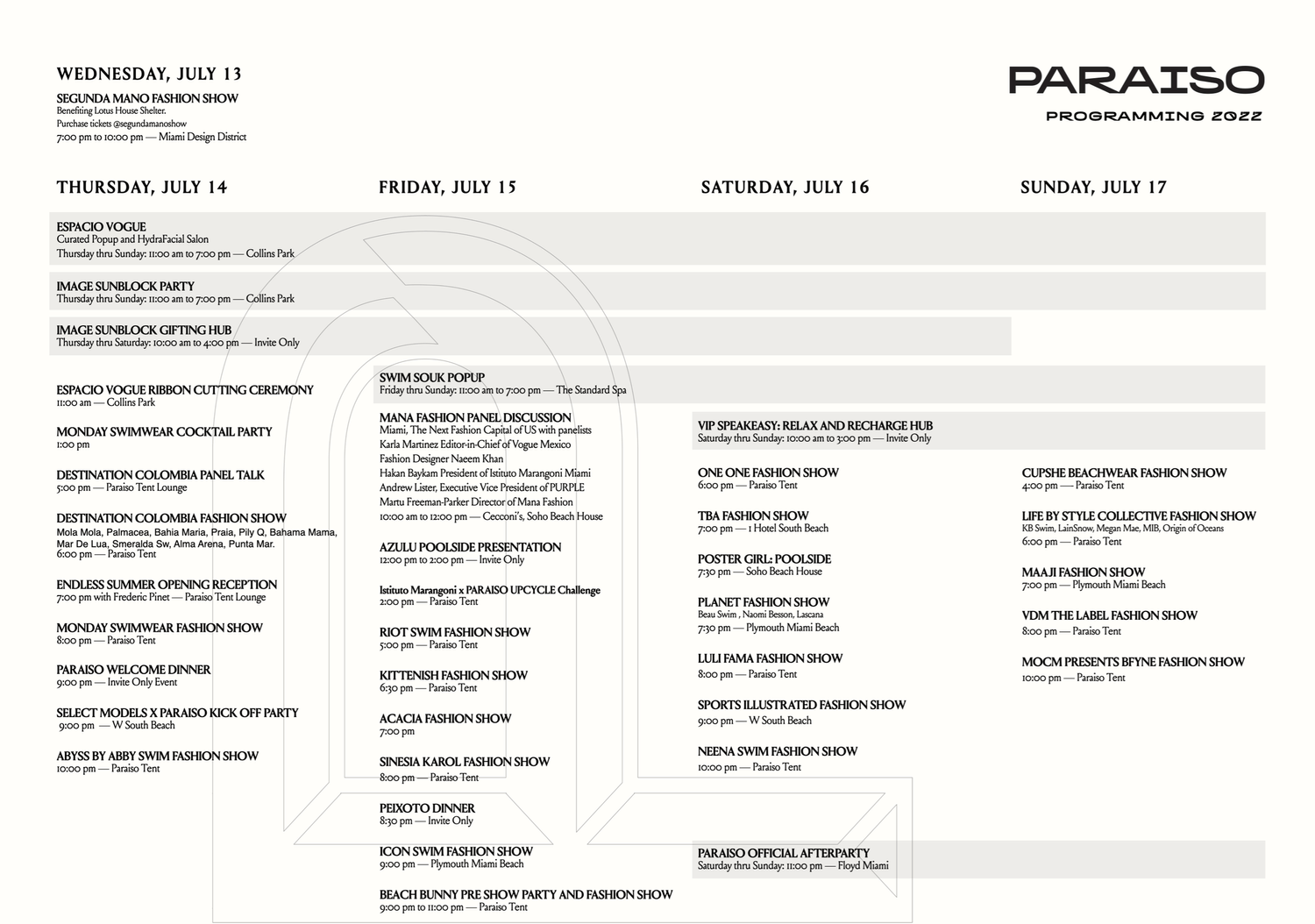 Paraiso Miami Beach - Schedule of Events for Swim Week 2022