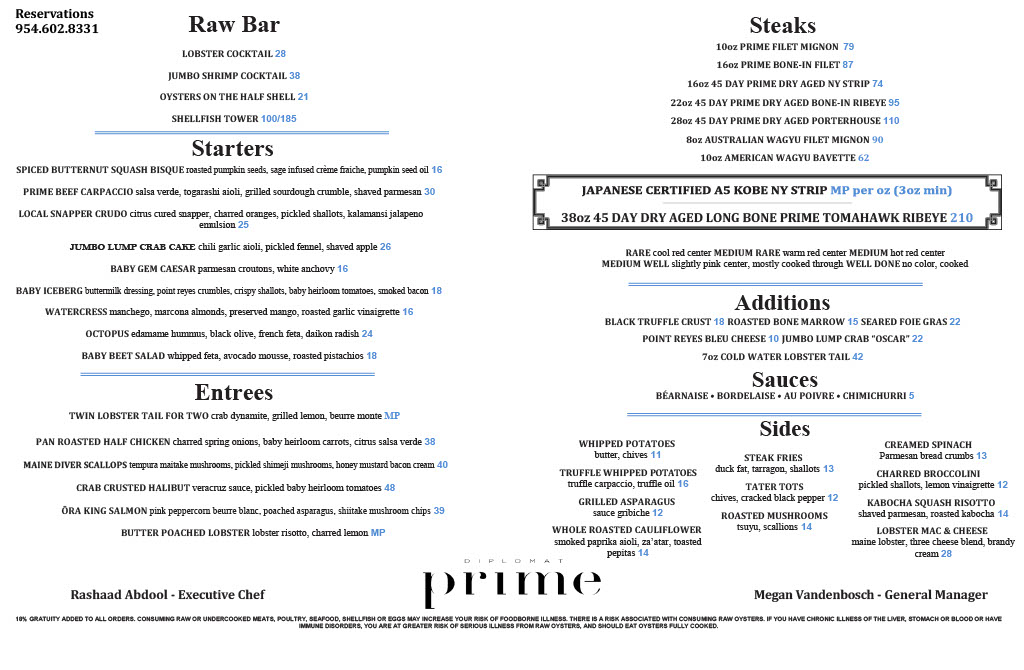 Diplomat Prime Menu