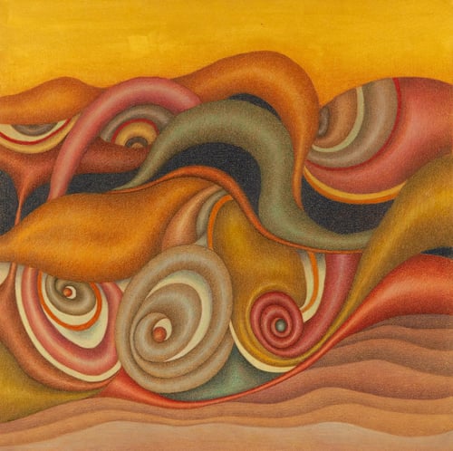 Golden Assembly (2022) by Kathleen Goncharov. Colored pencil and acrylic on panel.