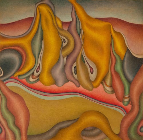 Pink Landscape (2022) by Kathleen Goncharov. Colored pencil on panel.