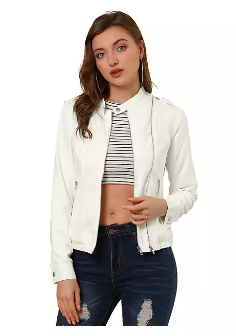 Lightweight Classic Casual Stand Collar Pocket Short Biker Moto Jacket women