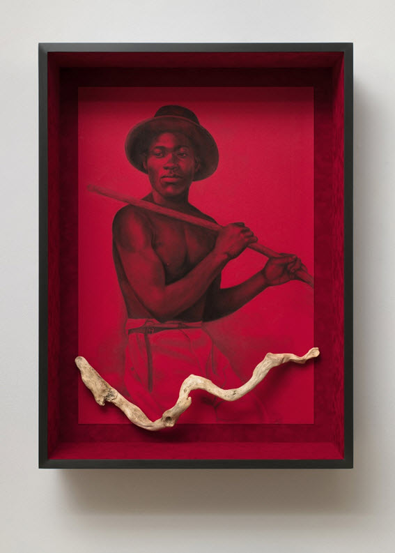 The Red XIII, 2021 - Conté crayon on paper with attached found object. Collection of the Boca Raton Museum of Art © Whitfield Lovell. Courtesy DC Moore Gallery, New York, and American Federation of Arts.