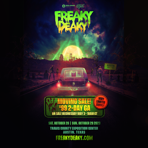 Heralded as one of the biggest Halloween electronic music festivals, Disco Donnie Presents (DDP) is excited to reveal that Freaky Deaky will be debuting in its new home in Austin, Texas for the 2023 edition. While sad to leave Houston behind, DDP is excited for this new venture at Austin’s Travis County Expo Center. To celebrate the move, Freaky Deaky will be having a moving sale on Wednesday May 3 at 10AM CT, offering fans a very limited supply of two day GA passes for just $99. Known for being the most haunted event of the season, Freaky Deaky always delivers a sinister soundtrack provided by the scene’s most devious DJs, with past headliners including Deadmau5, Excision, Kaskade and CloZee. At Freaky Deaky fans get to experience the larger than life spooky stage productions and incomparable sound design, along with a variety of characters as well as stilt walkers who interact with the crowd. DDP is committed to giving back; their philanthropic history in Texas is deeply rooted in communities that they consider family. Freaky Deaky has made donations to local groups, including $10,000 to the Houston Food Bank and $10,000 to the Texas Association of First Responders. More details on the lineup will be coming soon, but in the meantime, get ready for two nights of chills and thrills with all of your friends and freaks in Austin at this year’s Halloween celebration!