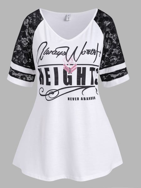 Lace Raglan Sleeve Slogan Print T Shirt
