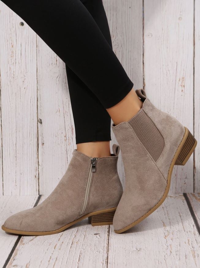 Grey Elegant Solid Color Side Zipper High Heel Chelsea Boots In Faux Suede