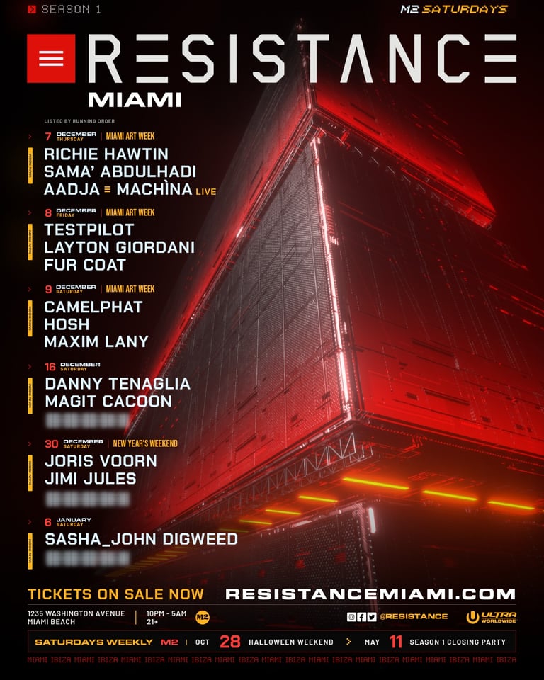 RESISTANCE Miami Club Residency winter programming: Richie Hawtin, TESTPILOT, CamelPhat, Joris Voorn & more