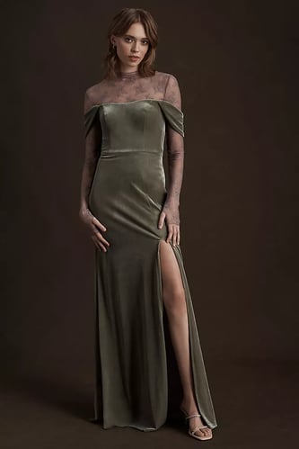 Jenny Yoo Issa Off-The-Shoulder Stretch Velvet Column Gown