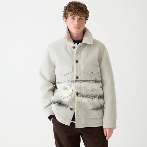 Limited-edition wool-blend coat in scenic print jacquard