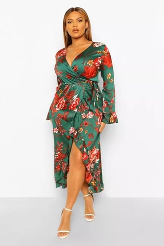 PLUS FLORAL RUFFLE WRAP DRESS