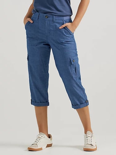 WOMEN'S ULTRA LUX COMFORT WITH FLEX-TO-GO RELAXED FIT CARGO CAPRI IN CHAMBRAY