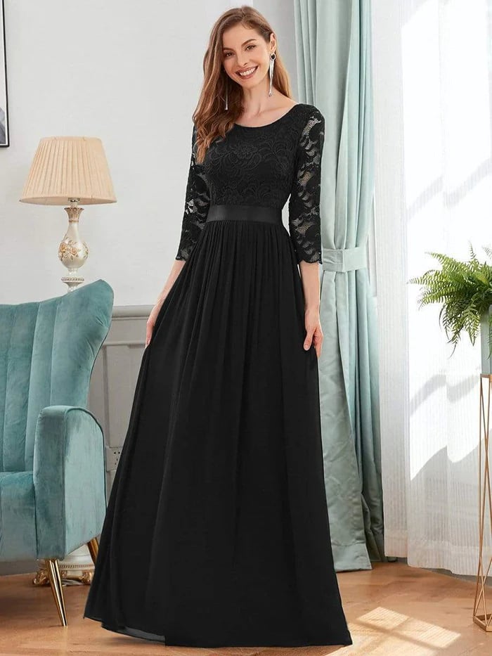 See-through Floor Length Lace Black Concert Dress with Half Sleeve