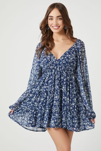 Floral Plunging Tiered Babydoll Dress