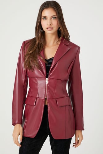 Faux Leather Zip-Up Blazer