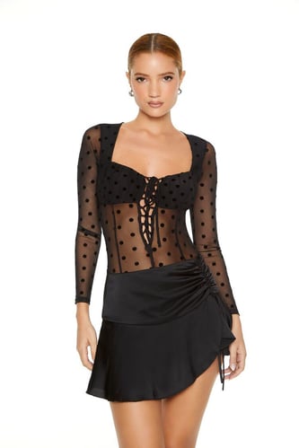 Polka Dot Mesh Lace-Up Bodysuit