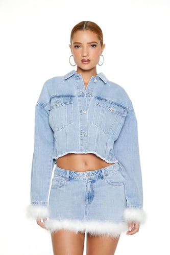 Faux Feather Denim Trucker Jacket