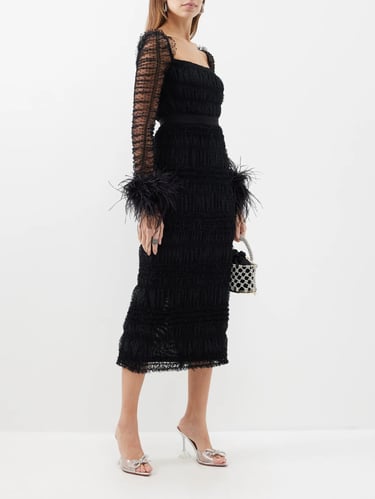 Self-Portrait Feather-trim polka-dot mesh dress