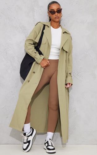 Khaki Panel Detail Belted Trench Coat