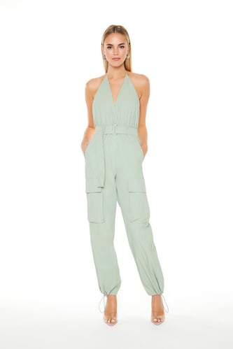 Belted Halter Cargo Jumpsuit