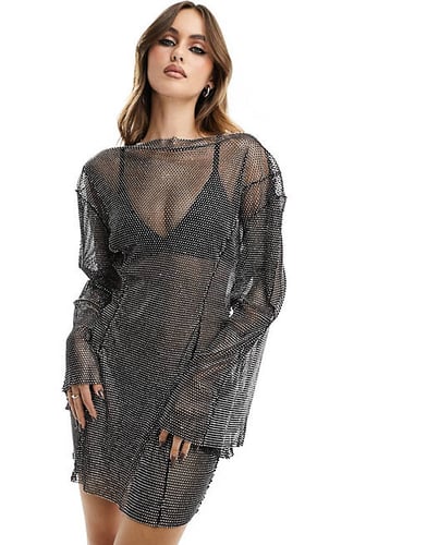 Heiress Beverly Hills premium all over diamante mesh mini dress in black