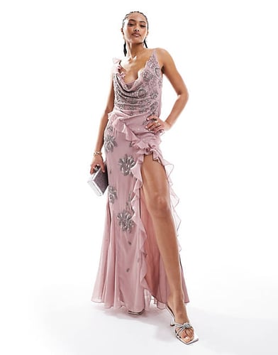 cowl neck cami maxi dress with ruffle detail and floral embellishment in pink