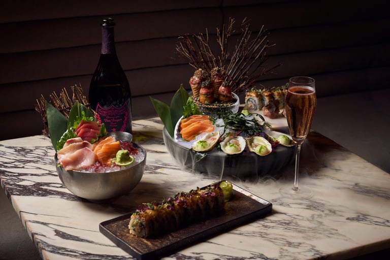 Chef's Selection, Sashimi, Miso Salmon Roll Tablescape - Photo Credit_ Giselle Miami