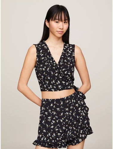 Floral Print Sleeveless Wrap Crop Top
