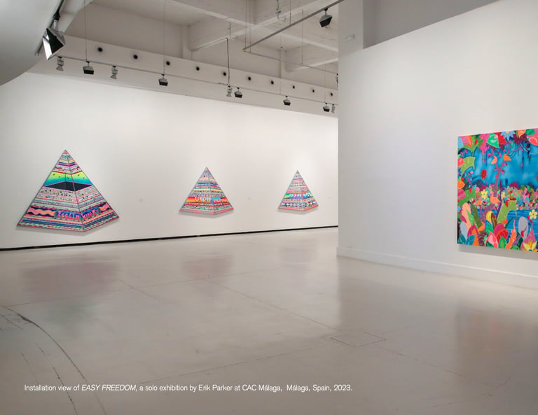 Installation View of EASY FREEDOM, solo exhibit by Erik Parker at CAC Malaga, Spain 2023