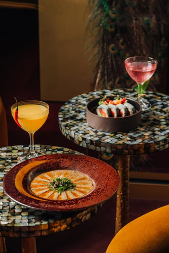 Shima aji, chirashi, Fleur De Lis cocktail, Heavenly Sovereign cocktail (Photo Credit_ CG Media)