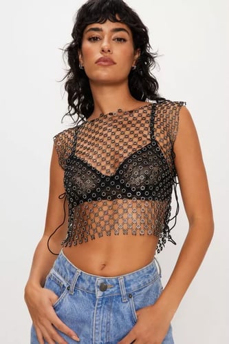 Diamante Flower Mesh Top