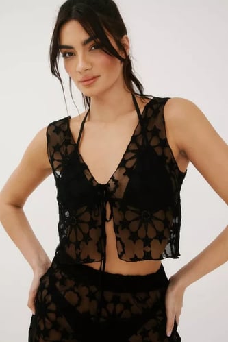 Star Embroidered Mesh Tie Front Top